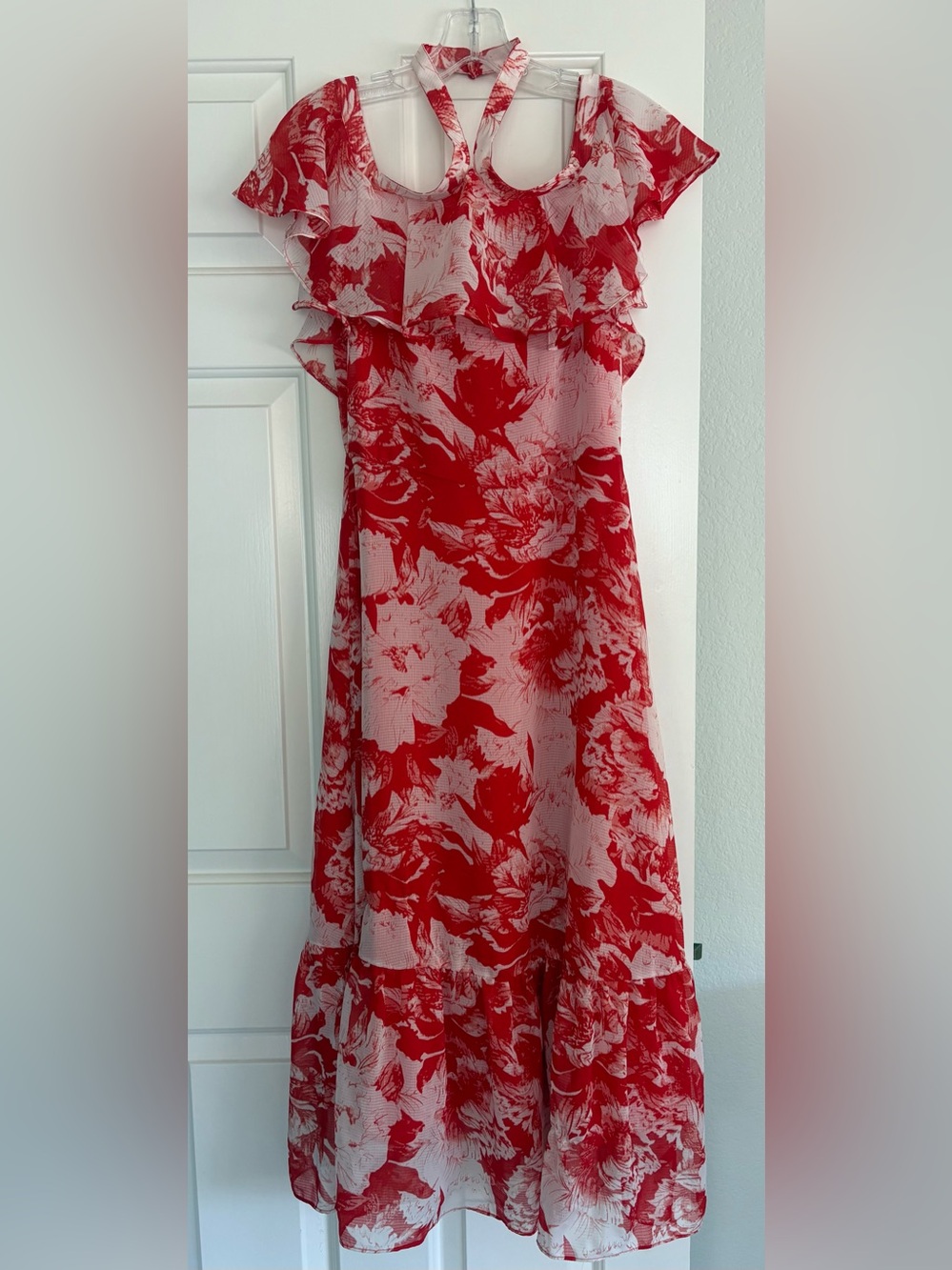 Chelsea28 Red and White Floral Maxi Dress with Ruffle Yoke